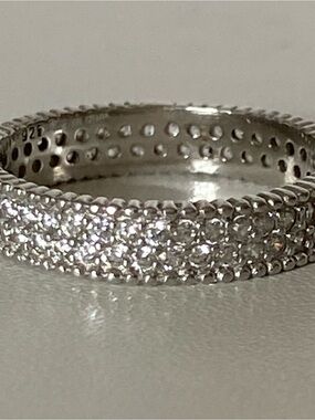 925 Sterling Silver Pave CZ Eternity Band Ring Size 7.5 2 Rows 4 mm EUC worn 1X